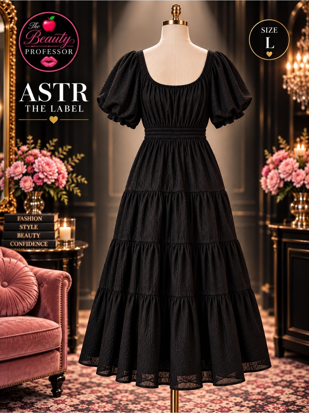 ASTR The Label Black Tiered Midi Dress Large Puff Sleeve Romantic
